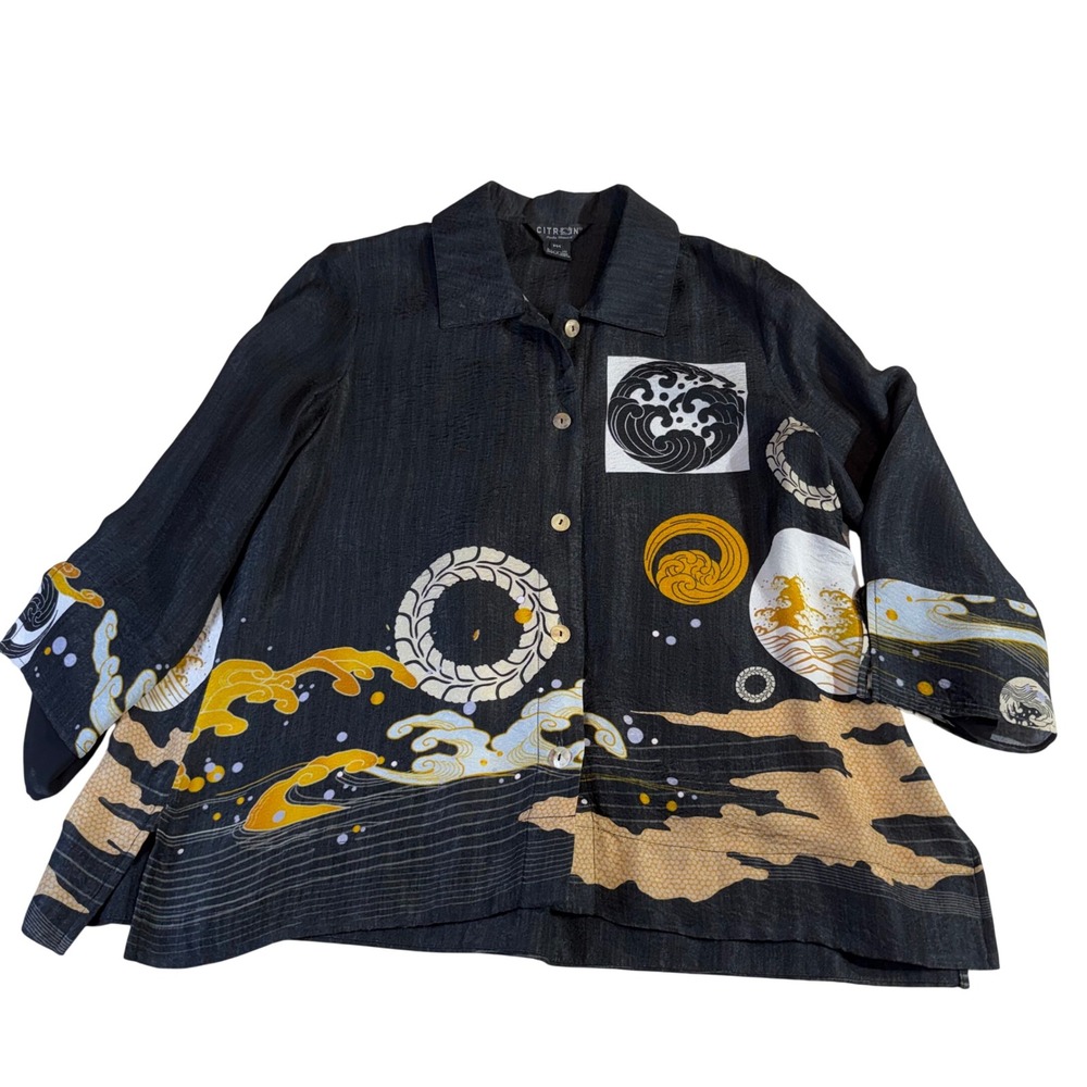 Citron Santa Monica Silk Blend Blouse PM Black Japanese Wave Button Front